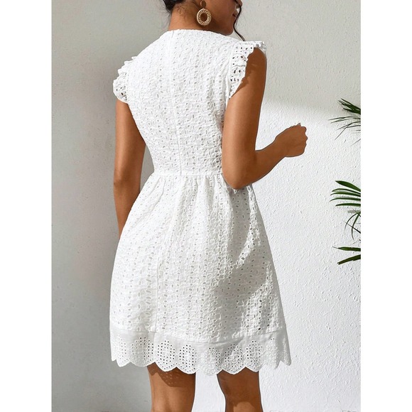boho Eyelet Embroidered sundress Scallop Trim white Dress - Picture 2 of 5